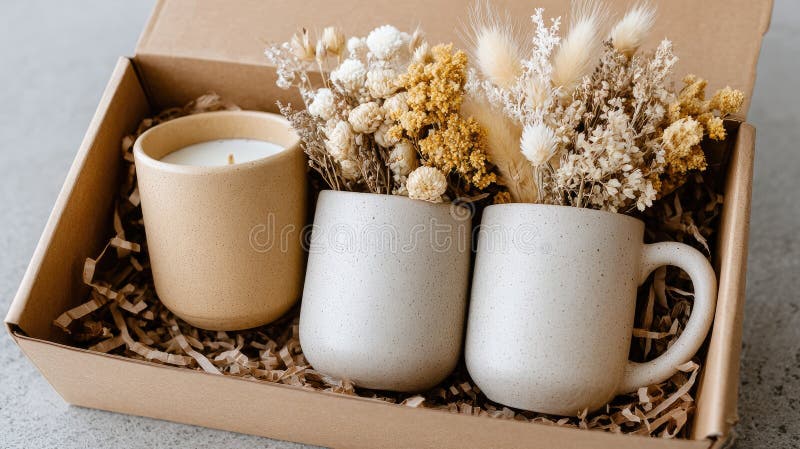 Candela e due tazze ben disposte in una scatola di regalo in legno, accompagnate da accenti di paglia e che presentano un colore s fotografie stock