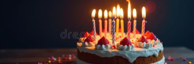 Candele multiple bruciate intensamente su un dolce di torta di compleanno a strati illustrazione di stock