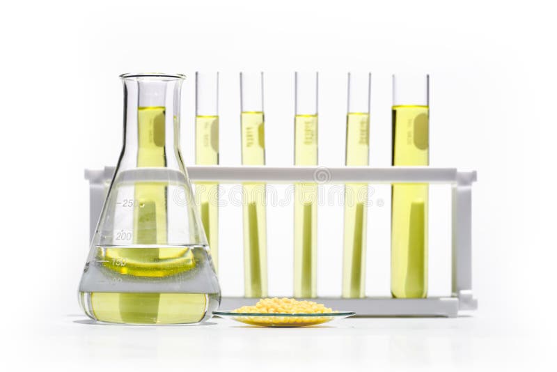 Candelilla wax in chemical watch glass and yellow cosmetic color oil in erlenmeyer flask in front of test tube Stand royalty free stock photos