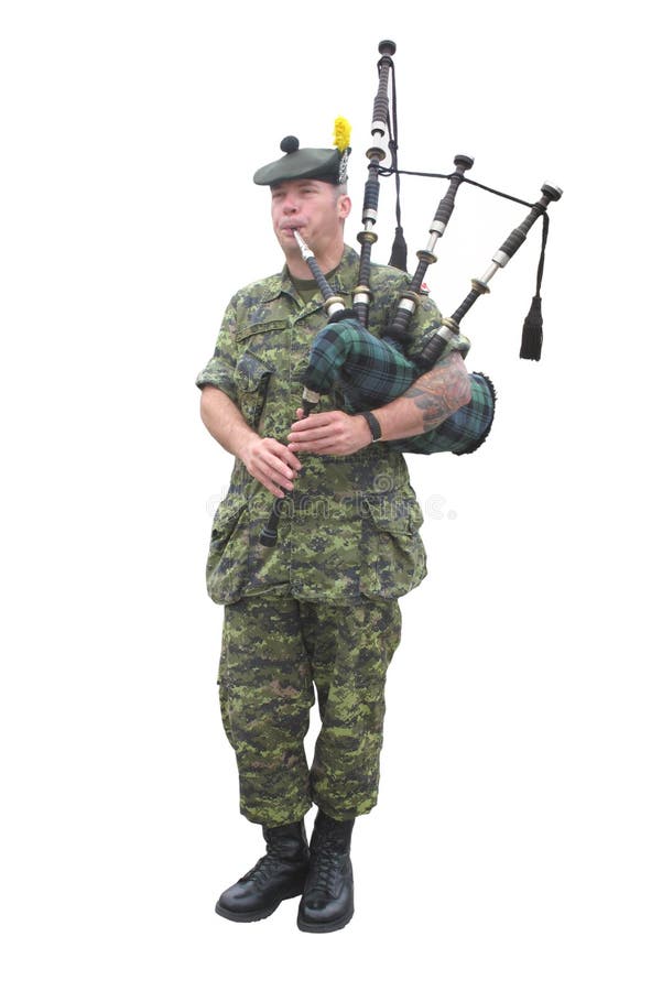 Bagpiper, Canadian military soldier in camouflage fatigues and a beret. Isolated on white. Bagpiper, Canadian military soldier in camouflage fatigues and a beret. Isolated on white.