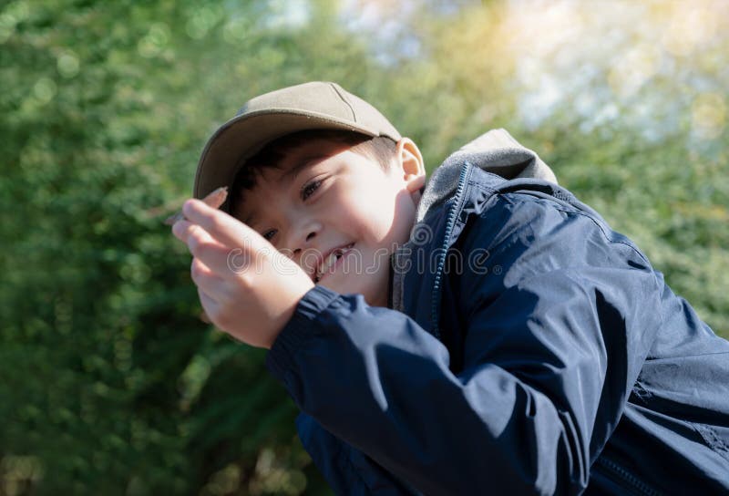 Candid Shot Happy Child Boy Playing Outdoors in the Garden with Bright ...