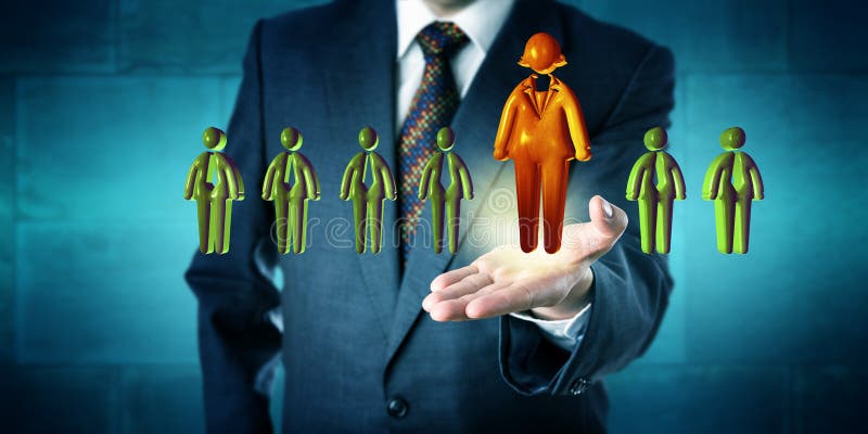 Human resources manager promoting the only female candidate in line-up of otherwise male applicant icons. Business concept for career success, gender equality, professional promotion and leadership. Human resources manager promoting the only female candidate in line-up of otherwise male applicant icons. Business concept for career success, gender equality, professional promotion and leadership.