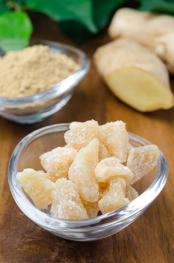 Candied ginger in a glass bowl closeup