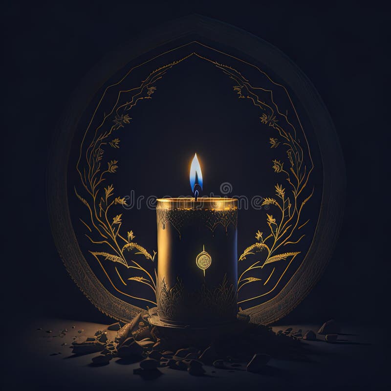 A Candle with a Blue Flame is Lit before a Circle of Flowers. Stock