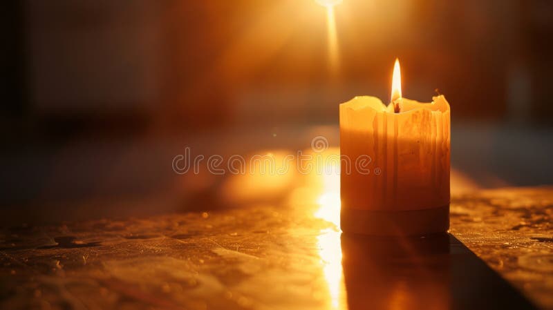 Candle burning with warm glow, close-up. Serenity and tranquility concept stock image
