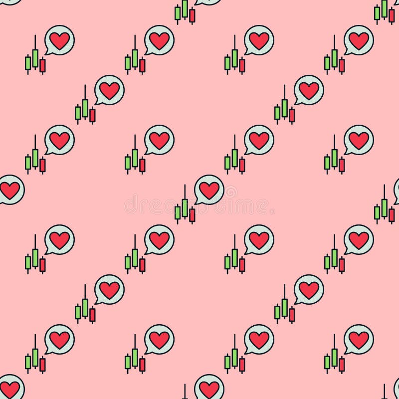 Candle Chart and Speech Bubble with Red Heart vector Finance Love colored seamless pattern vector illustration
