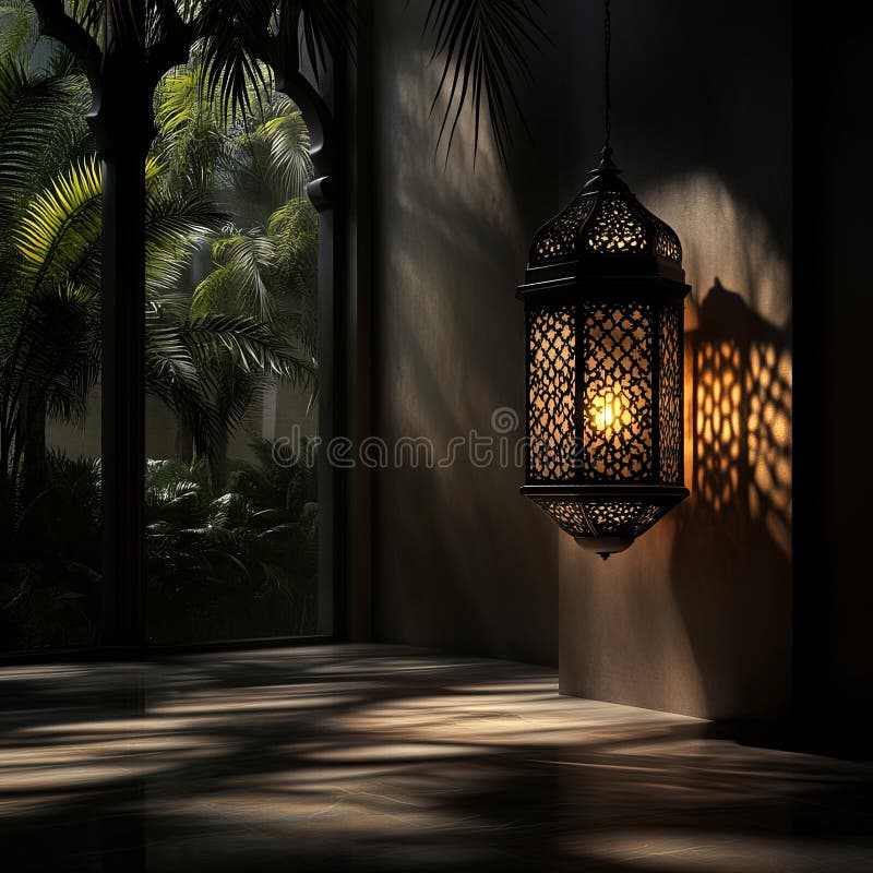 Candle-lit lantern casting intricate shadows in a serene tropical setting. Generative AI stock photo