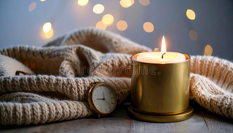 A candle is lit on a table next to a watch royalty free illustration