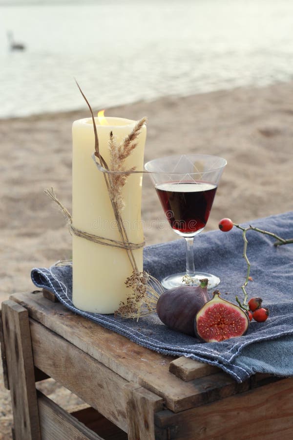 Candle and Red Wine Romantic Dinner in Scandinavian Style Stock Image Image of beach, picnic