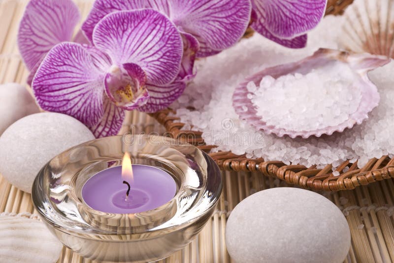 Candle, Salt, Stones and Orchid Stock Image Image of bathe, bath