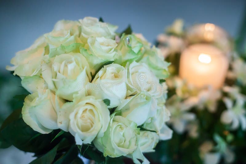 Candle and Wedding Bouquet of White Roses Stock Photo Image of