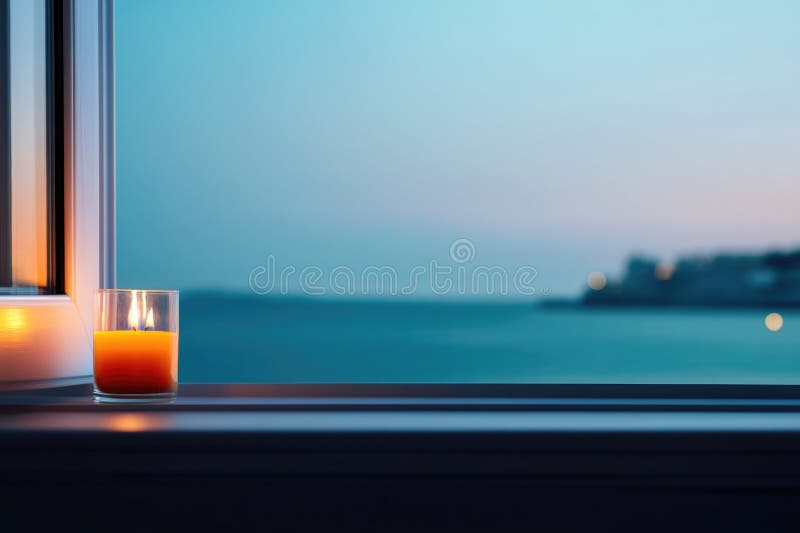 Candle on window sill overlooking tranquil evening sea view royalty free stock image