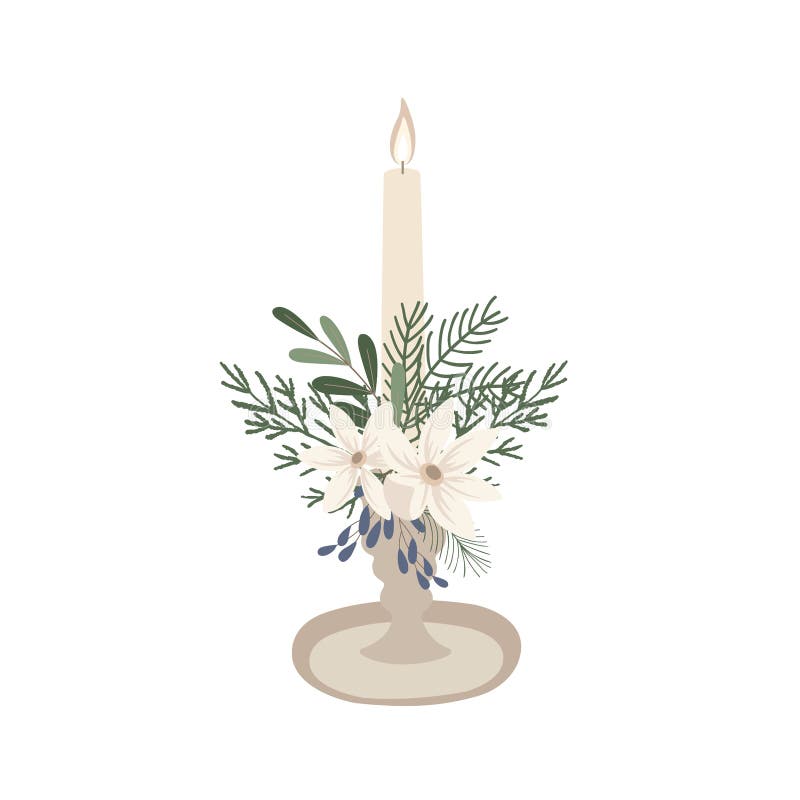 Candle with Winter Plants. Christmas Decoration Stock Illustration Illustration of decoration