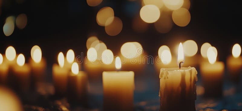 Candlelight ambiance creating warm, serene atmosphere with glowing candles illuminating dark background, soft bokeh effect enhancing tranquility, copy space for text. AI generated