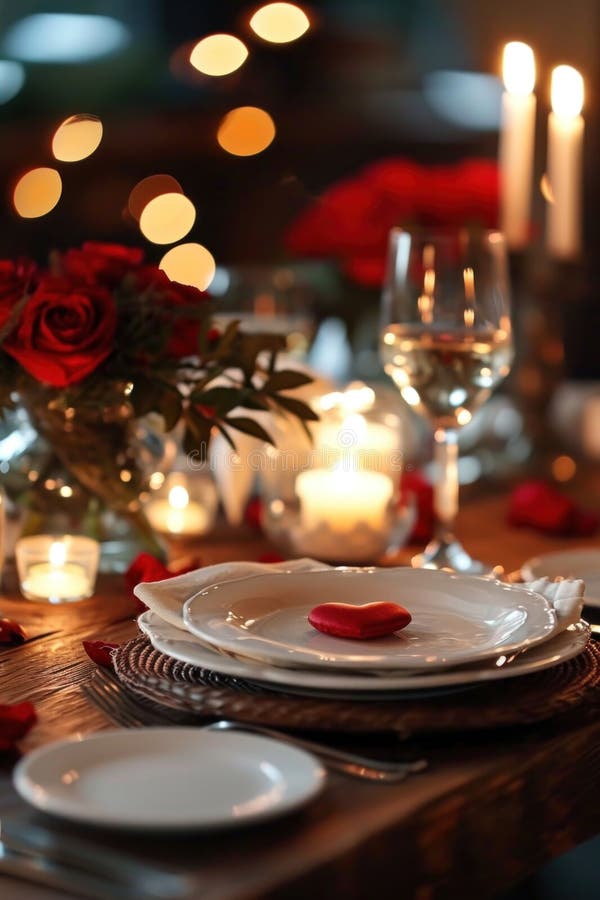 Candlelit Dinner with Roses, Hearts, and Soft Textures Stock Photo