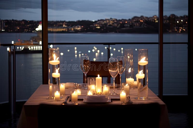 Candlelit Dinner for Two, with View of Sparkling Water Stock Image