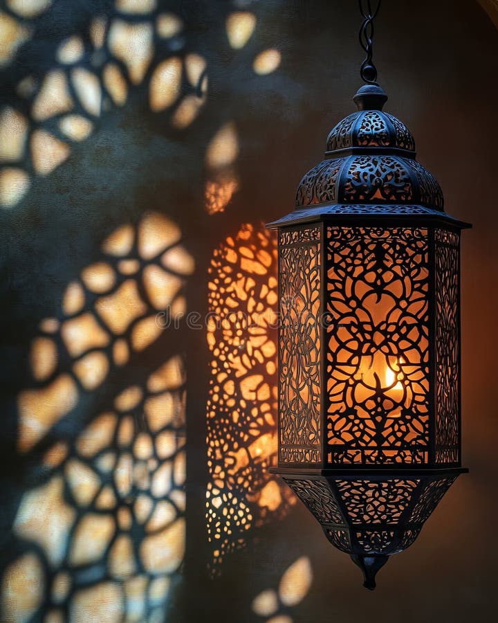 Candlelit Eid lantern casting intricate shadows on a wall in a soft glow during the evening celebration. Generative AI stock photography
