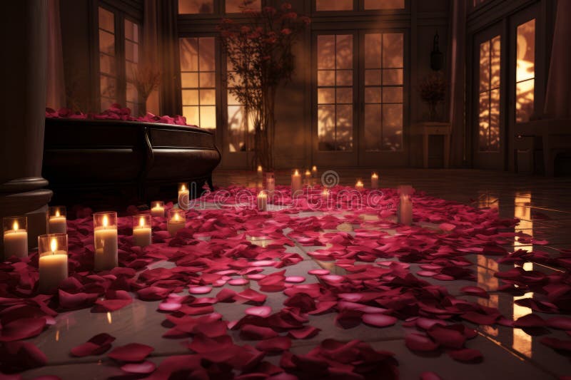Candlelit Room with Rose Petals on the Floor Stock Illustration