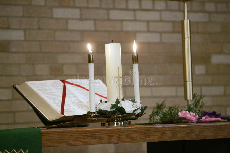 Religous Altar with Bible, Cross and Candles Stock Image Image of