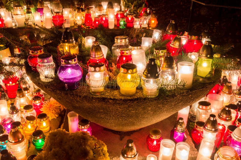 Candles Burning at Cemetery during All Saints` Day at Night Stock Photo ...