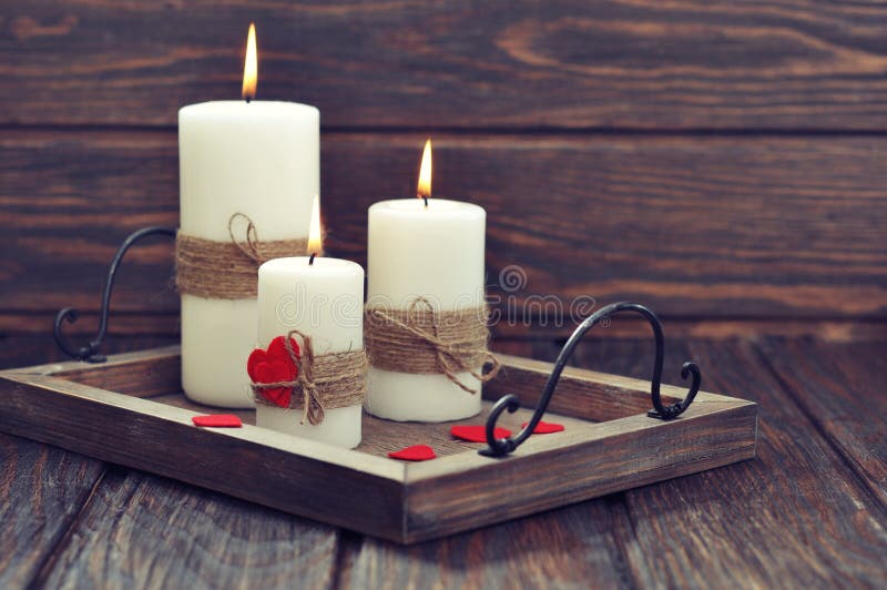 Candles with fabric hearts