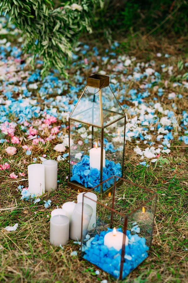 Candles in glass lamps. Wedding decorations. Wedding in Monteneg. Beautiful, christmas.