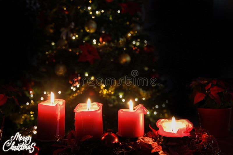 Candles 4 Red Flame,snow,Merry Christmas Text Illuminated Tree Religion