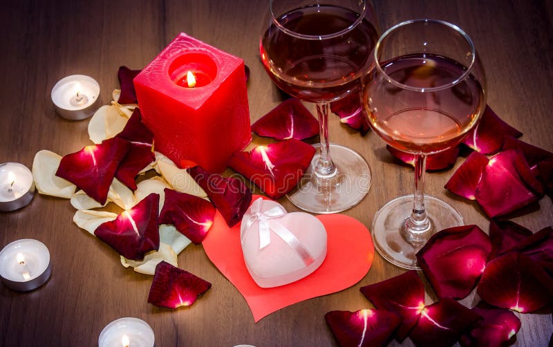 Candles, Red Roses Petals and Wine Stock Image Image of decorative