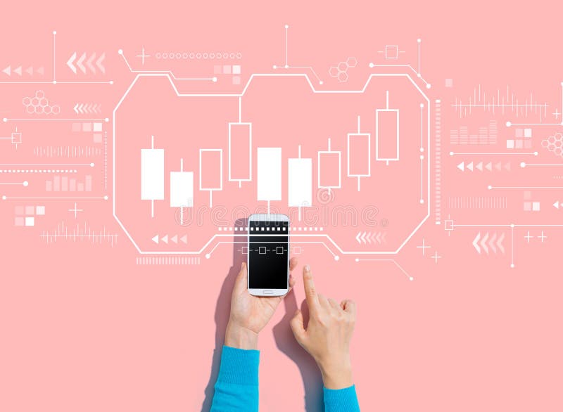 Candlestick Chart with Person Using a Smartphone Stock Illustration Illustration of background