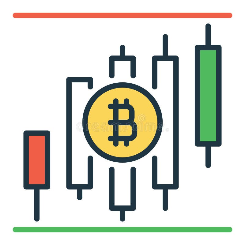 Candlestick-diagram för bitmynshandel, färgade ikoner eller tecken. Konceptet för bitmyntahandel med vektorstreck, färgade ikoner eller tecken