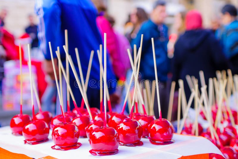 Candy apples on sale in a Christmas market royalty free stock images Candy apples on sale in a Christmas market royalty free stock images