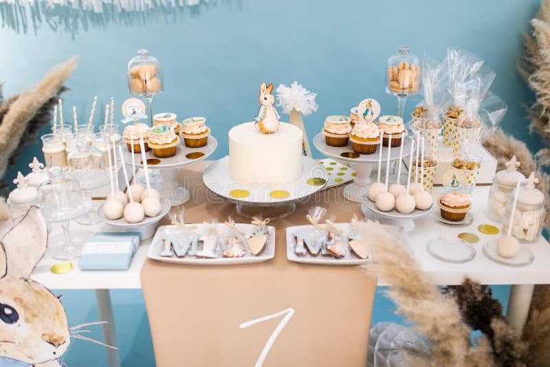 Candy bar at Birthday party. Dessert table for a party.