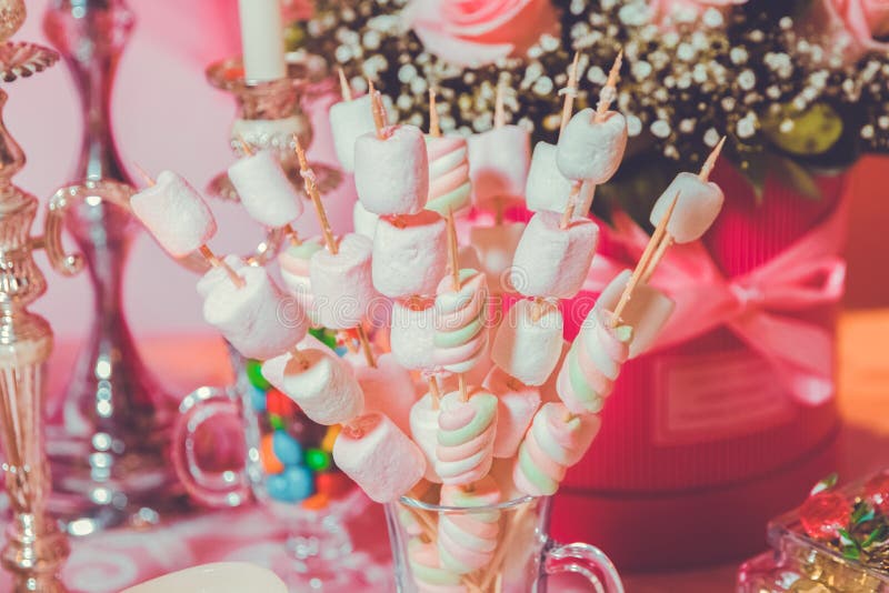 Candy Bar. Dessert Table for a Party. Marshmallow Skewers Stock Image