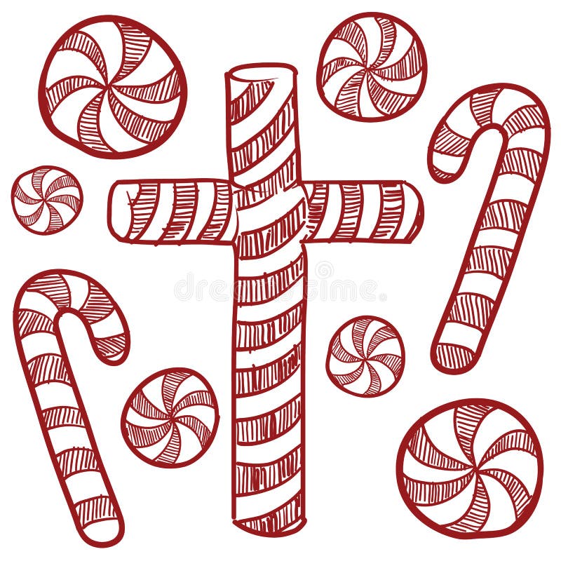 Doodles of christmas candy cane. Hand drawn vector illustration. Realistic  vintage sketch. Set of black contour and color elements isolated on white.  For design, decor, prints, card, sticker, poster. Stock Vector |