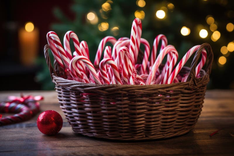 Candy canes filling a small, round wicker basket royalty free illustration