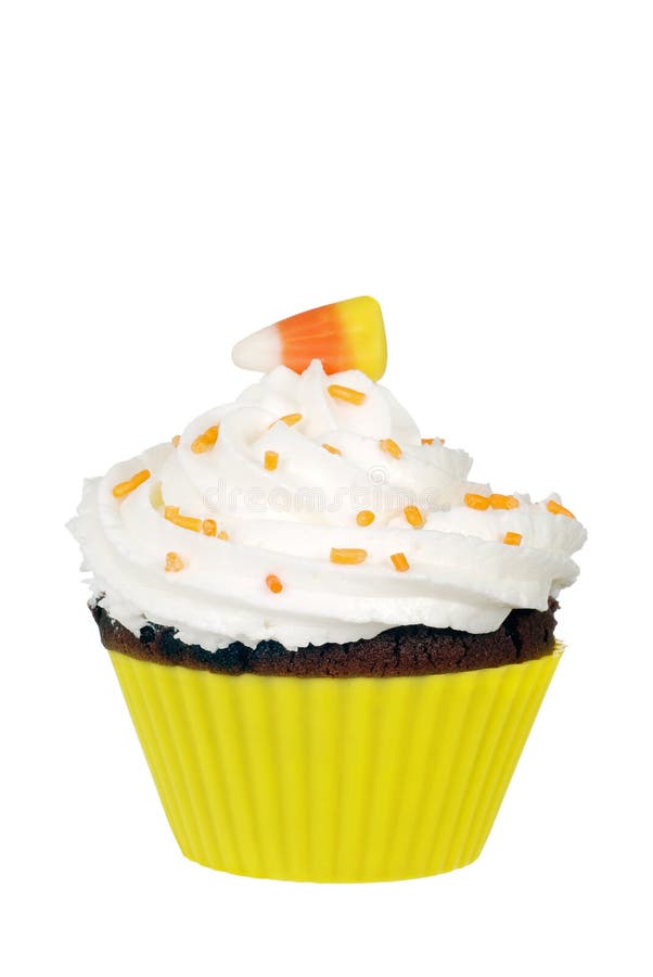 Isolated candy corn cupcake with butter cream icing. Single mini stock images, royalty-free photos and pictures
