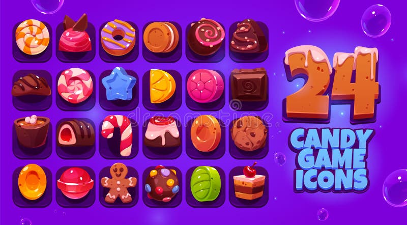 Candy game icons big set, cartoon vector sweets royalty free illustration
