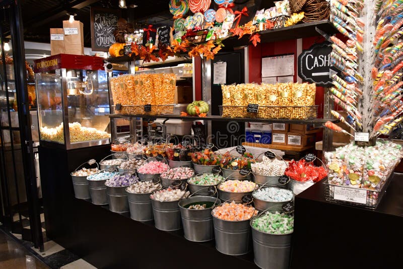 Candy neatly organized in front of a candy store. stock photos