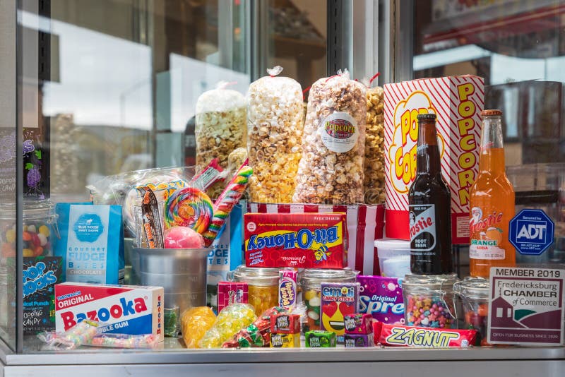 Candy, popcorn, and sodas in a storefront window in the Texas hill country