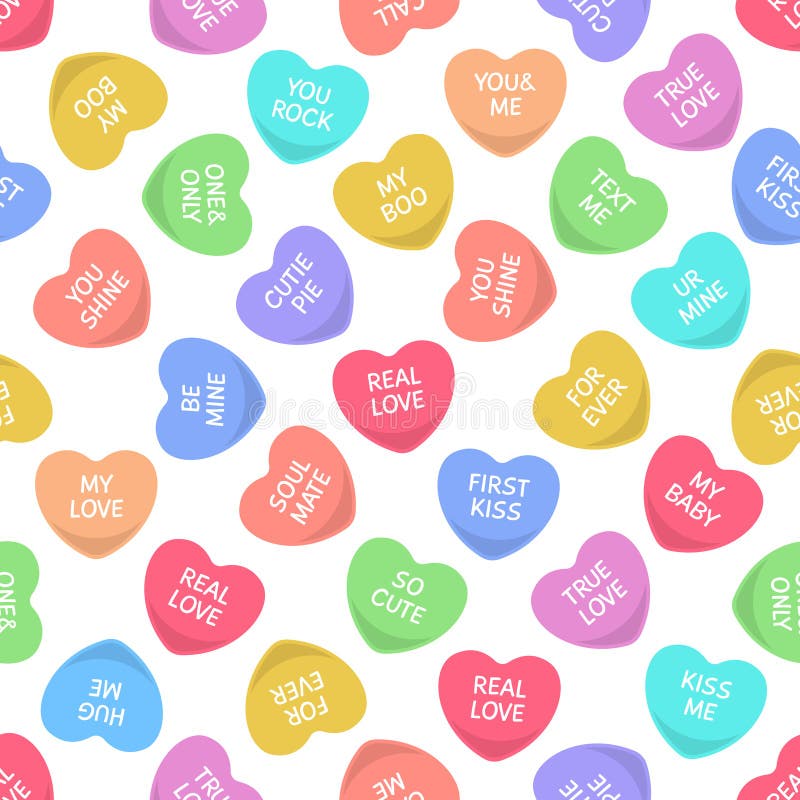 Candy seamless hearts pattern. Colorful heart candies, sweets for valentine day love writings, sweetheart message