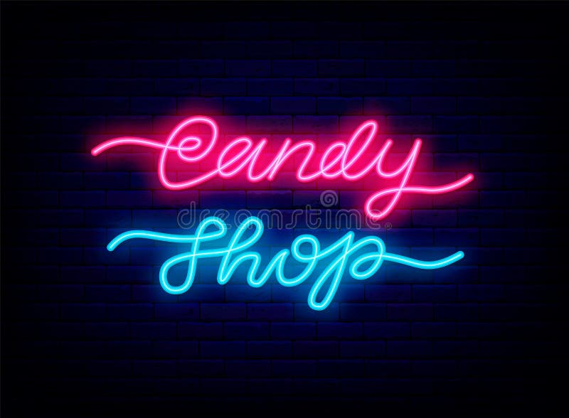 Candy Shop Neon Signboard with Lots of Sweets. Round Layout with Text ...