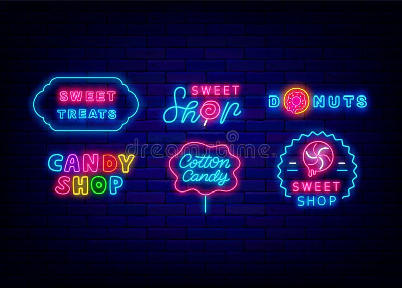 Candy Shop Neon Signboard Text. Sign Collection. Sweet Store Logo Set ...