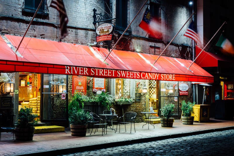 Candy Store on River Street at Night, in Savannah, Editorial
