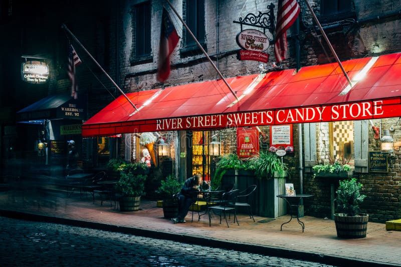 Candy Store On River Street At Night, In Savannah, Editorial
