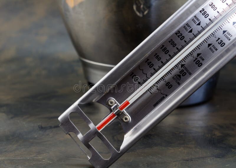 Candy thermometer close up in front of mixing bowl stock photography Candy thermometer close up in front of mixing bowl stock photography