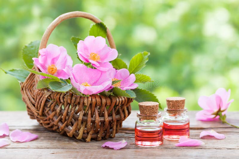 Canestro di vimini rustico con i fiori rosa e le bottiglie del cinorrodonte immagini stock libere da diritti