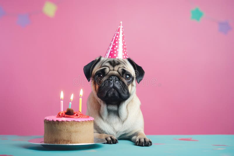 A canine birthday event: pug with cake, candles, and humor on a pink background