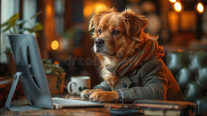 Canine Businessman Working at Desk on Computer stock photography