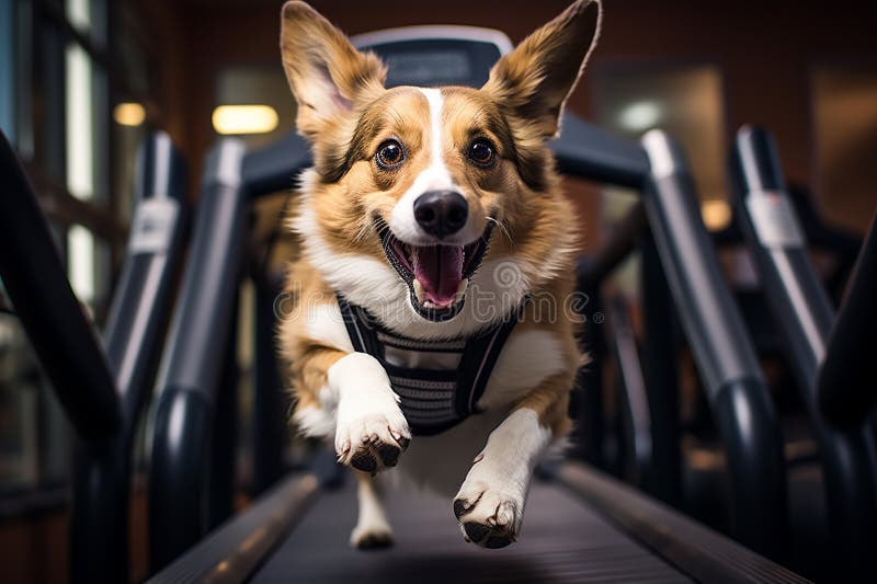 Canine Cardio: Cute Dog Enjoys a Treadmill Session at the Gym. Generative By Ai