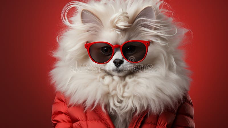 Canino bianco con una strana acconciatura indossa occhiali e una giacca. un animale domestico con un ritratto rosso vicino. royalty illustrazione gratis